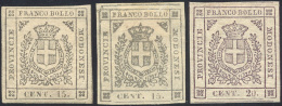 1859 - 15 Cent. Grigio, Due Esemplari Di Tinte Differenti, E 20 Cent. Lilla Violaceo Scuro (14,16b),... - Modena