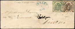 1860 - 15 Cent. Bruno, A Filo In Basso, 5 Cent. Verde, Perfetto (13,12), Su Piccola Busta Da Carrara... - Modena