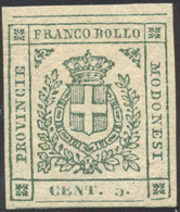 1859 - 5 Cent. Verde (12), Gomma Originale, Perfetto. Bello! A.Diena, Russo, Cert. Raybaudi. ... - Modena