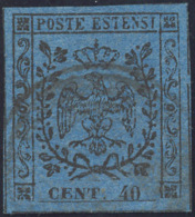1859 - 40 Cent. Azzurro Scuro, I Emissione (B6), Perfetto, Annullato Con Il Bollo Con Lo Stemma Saba... - Modena