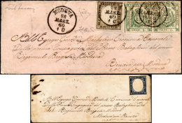 1860 - 5 Cent. Verde, Coppia Orizzontale (12), Perfetta, In Affrancatura Mista Con 10 Cent. Seppia D... - Modène