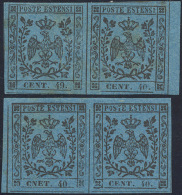 1854 - 40 Cent. Azzurro Scuro, II Emissione, Coppia, Un Esemplare Con Varietà  "CENT. 49", Perfetta,... - Modena