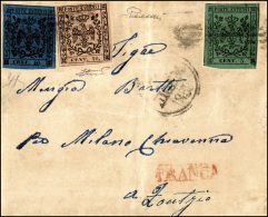 1858 - 5 Cent. Verde, 10 Cent. Rosa, 40 Cent. Azzurro Scuro (7,9,10), Perfetti, Su Sovracoperta Di L... - Modène