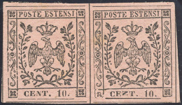 1854 - 10 Cent. Rosa, II Emissione, Coppia, Un Esemplare Con "N" Coricata (9i,9), Gomma Originale, P... - Modena