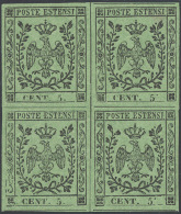 1855 - 5 Cent. Verde Oliva, Blocco Di Quattro Con I Due Esemplari Di Destra Con Punto In Alto Dopo I... - Modène