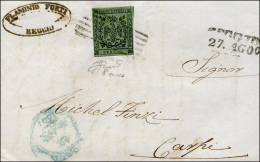 1857 - 5 Cent. Verde Oliva (8), Perfetto, Su Lettera Da Reggio 27/8/1857 A Carpi. Ferrario. ... - Modena