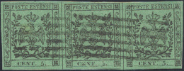 1852 - 5 Cent. Verde, II Emissione, Striscia Orizzontale Di Tre, L'esemplare Centrale Con "e" Di "ce... - Modena