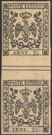 1852 - 25 Cent. Camoscio (4a), Coppia Verticale Con Interspazio Di Gruppo, Gomma Originale Integra, ... - Modena