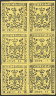 1852 - 15 Cent. Giallo (3), Blocco Di Sei Esemplari, Gomma Originale, Integra Per I Quattro Esemplar... - Modena