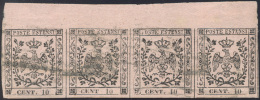 1852 - 10 Cent. Rosa Chiaro, I Emissione, Striscia Orizzontale Di Quattro, Bordo Di Foglio, Il Secon... - Modène