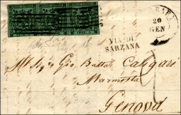 1855 - 5 Cent. Verde, I Emissione (1), Striscia Di Tre, Perfetta, Su Lettera Da Carrara 20/1/1855 A ... - Modène