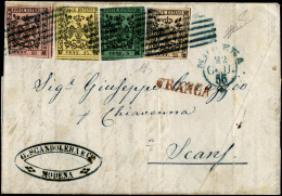 1855 - 5 Cent. Verde, 10 Cent. Rosa, 15 Cent. Giallo, 25 Cent. Camoscio (1/4), I Primi Quattro Valor... - Modène