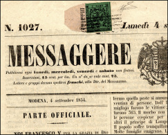 1854 - 5 Cent. Verde, I Emissione (1), Perfetto, Isolato Su Giornale "Messaggere Di Modena" Del 4/9/... - Modène