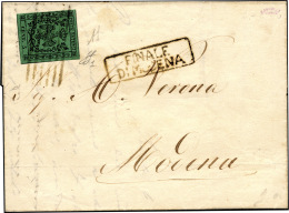 1853 - 5 Cent. Verde, I Emissione (1), Perfetto, Su Lettera Da Finale Di Modena 4/11/1853 A Modena. ... - Modène