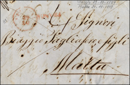 VENEZIA, C1 Rosso Punti R1 - Lettera Non Affrancata Del 29/10/1859 Per Malta, Segni Di Tassa Sul Fro... - Lombardy-Venetia