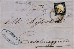 1859 - 20 Cent. Azzurro Scuro (C3), Perfetto, Su Sovracoperta Di Lettera Da Milano 13/7/1859 Per Cas... - Lombardo-Vénétie