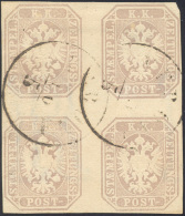 1863 - 1,05 S. Bruno Grigiastro (11), Blocco Di 4 Con Filigrana Centrale, Perfetto, Usato A Verona 1... - Lombardo-Vénétie