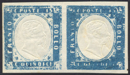 1863 - 15 Cent. Tipo Sardegna Celeste Latteo (11d), Coppia Orizzontale Con Bella VARIETA' DI INCHIOS... - Altri & Non Classificati