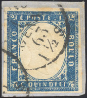 1863 - 15 Cent. Azzurro, Tipo Sardegna (11), Perfetto, Usato Su Frammento 1/1/1863, Primo Giorno D'e... - Autres & Non Classés