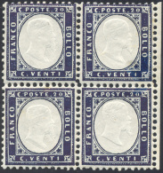 1862 - 20 Cent. Indaco (2), Blocco Di Quattro, Bordo Di Foglio, Gomma Originale Integra, Perfetto E ... - Altri & Non Classificati