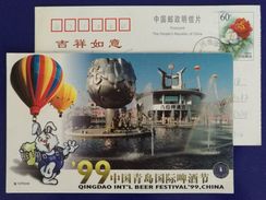 Cartoon Rabbit Drink Beer,fire Balloon,China 1999 Qingdao Int'l Beer Festival Advertising Pre-stamped Card - Biere