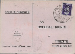 1947 AMG VG - Avviso Di Ricevimento Per Pirano Lire 10 - Uso Singolo - Poststempel