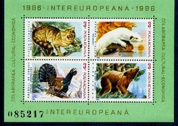 Romania 1986 Wild Animals Mammals Wild Cat Stoat Capercaillie Brown Bear Nature Fauna S/S Stams MNH Michel BL223 Sc 3343 - Sammlungen