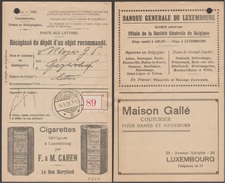 Luxembourg 1928. Récépissé Publicitaire D'envoi Recommandé. Cigarettes, Tabac Maryland. Banque Générale, Couturier - Tabacco