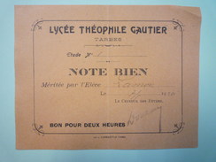 TARBES  -  Lycée Théophile  GAUTIER  :  NOTE  BIEN   1920    - Diplômes & Bulletins Scolaires