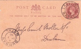1/2 Penny Carte Lettre Entier Postal  Ladysmith Natal 04/09/189. Tarifs Chemins De Fer Au Verso - Natal (1857-1909)