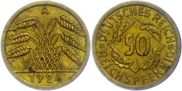 50 Reichspfennig,1924, A, Kl. Rf., Vz., Katalog: J. 318 Vz50 Reichs Penny, 1924, A, Small Edge Nick, Extremley... - Autres & Non Classés