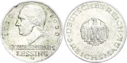 3 Reichsmark, 1929 G, Gotth. Ephraim Lessing, Kratzer, Grünspan, Rf., Aversfeld Leicht Berieben, F. Vz.,... - Autres & Non Classés