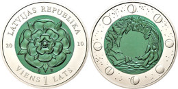 1 Lats, 2010, Heraldische Rose - Grün Oxidiert, KM 114, Schön 115, Im Etui Mit Kapsel Und Zertifikat,... - Lettonie