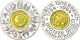 1000 Schilling, Bimetall Gold/Silber, 1994, 800 Jahre Münze Wien, Zentrum Aus 13g Feingold, Mit Zertifikat In... - Autriche