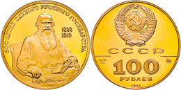 100 Rubel, Gold, 1991, Graf Leo Tolstoi, Fb. 209, Parchimowicz 273, In Kapsel, In Originalschatulle Mit Zertifikat,... - Russie