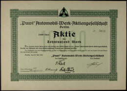 Berlin 1923, Pawi Automobil-Werk-AG, Gründer-Aktie über 10.000 Mark, Ungefaltet, In Sehr Guter Erhaltung.... - Non Classés