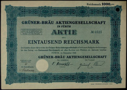 Fürth 1926, Grüner-Bräu AG In Fürth, Dezember 1926, Aktie über 1000 RM. Kleiner Bug Und... - Non Classés