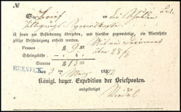 "BERNECK", Blauer L1 Klar Auf Postschein Mit Datierung "3.März.1842", Einmal Gefaltet, Sonst Tadellos ... - Autres & Non Classés