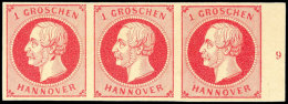 1 Gr. König Georg V., A-Farbe, Postfrischer Dreierstreifen Vom Rechten Bogenrand Mit RZ "9", Tadellos... - Hanovre