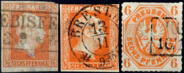 1/2 Sgr. Mit Und Ohne Wasserzeichen, Sowie 6 Pf. Orange Je Tadellos Gestempelt, Mi. 286,--, Katalog: 1, 13,15... - Autres & Non Classés