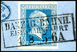 2 Silbergroschen Blau, Voll- Bis Breitrandig, Mit Ra3 "DANZIG BAHN./EISENBAHNFAHRT / 4.8" Auf Briefstück,... - Autres & Non Classés