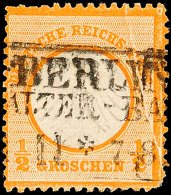 1/2 Gr. Orange Mit Deutlicher Papierfalte Rechts Vom Kreis, Gestempelt, Zahnfehler, Fotobefund Krug BPP... - Autres & Non Classés