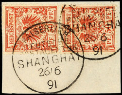 50 Pf. Senkr. Paar Mit Zwei Stempeln KDPAG SHANGHAI 26/6 91, Gepr. Dr. Steuer BPP, Mi. 340.-, Katalog: V50b(2)... - Chine (bureaux)