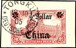 1/2 Dollar Auf 1 Mark In B-Zähnung, Linke Rosette Auf Einer Spitze, Tadellos Auf Briefstück, Tiefst Gepr.... - Chine (bureaux)