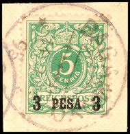 3 P. Auf 5 Pfg Opalgrün, Tadellos Gestempelt Auf Briefstück, Mi. 60.-, Katalog: 2I BS3 P. On 5 Pfg... - Afrique Orientale
