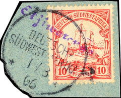 OTJIWARONGO, L1 Rundschrift Violett Mit Wanderstempel 1/8 06 Auf Briefstück 10 Pf. Schiffszeichnung, Katalog:... - Sud-Ouest Africain Allemand