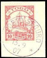 PORTO SEGURO 13 9 07, Klar Auf Briefstück 10 Pf. Kaiseryacht, Gepr. Mansfeld, Katalog: 9 BSPostage SEGURO... - Togo