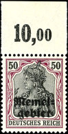 50 Pfg Germania Auf Orangeweißem Papier Mit Aufdruck "Memelgebiet", Als Plattendruck-Oberrandmarke, Tadellos... - Memel (Klaïpeda) 1923