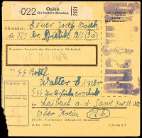 1944, Rückseitig Frankierte Wertpaketkarte Aus OSIEK über AUSCHWITZ 16.6. An Einem SS-Rottf. In Der... - Autres & Non Classés