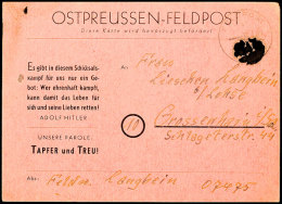 Ostpreussen-Feldpost, Karte Mit Kartonfarbe Lachsrot Mit Eindruck "Unsere Parole: TAPFER Und TREU!", Geschrieben Am... - Autres & Non Classés